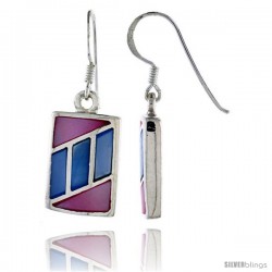 Sterling Silver Rectangular Shell Earrings, w/ Pink & Blue Mother of Pearl inlay, 1 1/4" (32 mm) tall