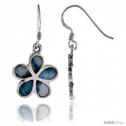 Sterling Silver Flower Shell Earrings, w/ Blue-Green Mother of Pearl inlay, 1 1/4" (32 mm) tall