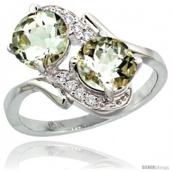 14k White Gold ( 7 mm ) Double Stone Engagement Green Amethyst Ring w/ 0.05 Carat Brilliant Cut Diamonds & 2.34 Carats Round