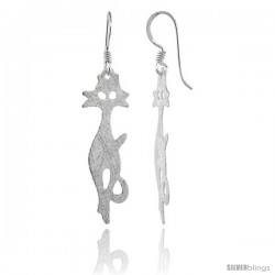 Sterling Silver Frosted Finish Dangle Cat Earrings, 1 11/16 (43 mm) tall