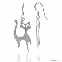 Sterling Silver Frosted Finish Dangle Cat Earrings, 1 9/16 (39 mm) tall