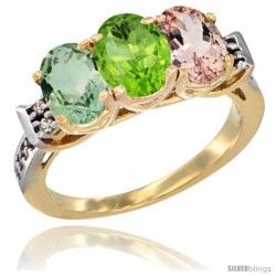 10K Yellow Gold Natural Green Amethyst, Peridot & Morganite Ring 3-Stone Oval 7x5 mm Diamond Accent