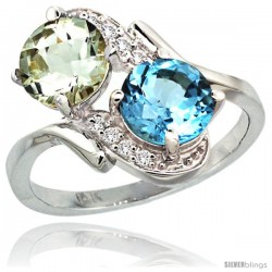 14k White Gold ( 7 mm ) Double Stone Engagement Green Amethyst & Swiss Blue Topaz Ring w/ 0.05 Carat Brilliant Cut Diamonds