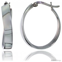 Sterling Silver Wavy Flat Tube Hoop Earrings Oval Shape, 1 5/8 x 1 1/4 in