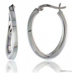 Sterling Silver Wavy Square Tube Hoop Earrings Oval Shape, 1 1/8 x 7/8 in