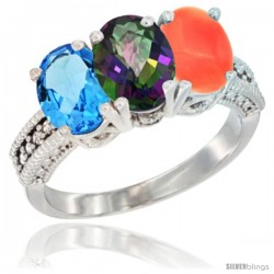 14K White Gold Natural Swiss Blue Topaz, Mystic Topaz & Coral Ring 3-Stone 7x5 mm Oval Diamond Accent