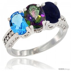 14K White Gold Natural Swiss Blue Topaz, Mystic Topaz & Lapis Ring 3-Stone 7x5 mm Oval Diamond Accent