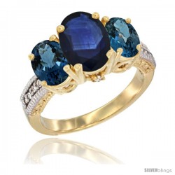 10K Yellow Gold Ladies 3-Stone Oval Natural Blue Sapphire Ring with London Blue Topaz Sides Diamond Accent