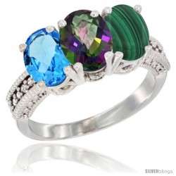 14K White Gold Natural Swiss Blue Topaz, Mystic Topaz & Malachite Ring 3-Stone 7x5 mm Oval Diamond Accent