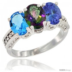 14K White Gold Natural Swiss Blue Topaz, Mystic Topaz & Tanzanite Ring 3-Stone 7x5 mm Oval Diamond Accent