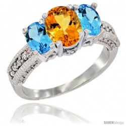 14k White Gold Ladies Oval Natural Citrine 3-Stone Ring with Swiss Blue Topaz Sides Diamond Accent