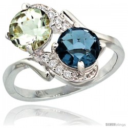 14k White Gold ( 7 mm ) Double Stone Engagement Green Amethyst & London Blue Topaz Ring w/ 0.05 Carat Brilliant Cut Diamonds