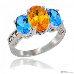 14K White Gold Ladies 3-Stone Oval Natural Citrine Ring with Swiss Blue Topaz Sides Diamond Accent