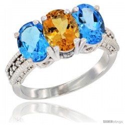 14K White Gold Natural Citrine & Swiss Blue Topaz Sides Ring 3-Stone 7x5 mm Oval Diamond Accent