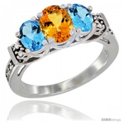 14K White Gold Natural Citrine & Swiss Blue Topaz Ring 3-Stone Oval with Diamond Accent