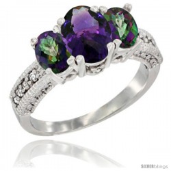 10K White Gold Ladies Oval Natural Amethyst 3-Stone Ring with Mystic Topaz Sides Diamond Accent