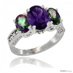 10K White Gold Ladies Natural Amethyst Oval 3 Stone Ring with Mystic Topaz Sides Diamond Accent