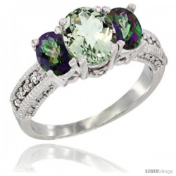 10K White Gold Ladies Oval Natural Green Amethyst 3-Stone Ring with Mystic Topaz Sides Diamond Accent