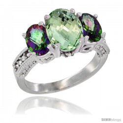 10K White Gold Ladies Natural Green Amethyst Oval 3 Stone Ring with Mystic Topaz Sides Diamond Accent