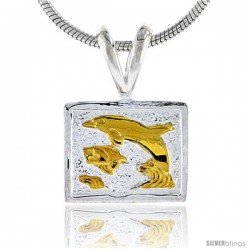 Hawaiian Theme Sterling Silver 2-Tone Dolphins in Square Pendant, 3/8 (10 mm) tall