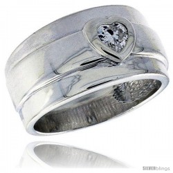 Sterling Silver Wide Band Ring Heart CZ