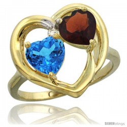 14k Yellow Gold 2-Stone Heart Ring 6mm Natural Swiss Blue & Garnet Diamond Accent