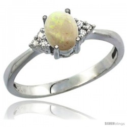 10K White Gold Natural Opal Ring Oval 7x5 Stone Diamond Accent