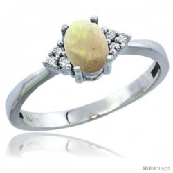 10K White Gold Natural Opal Ring Oval 6x4 Stone Diamond Accent