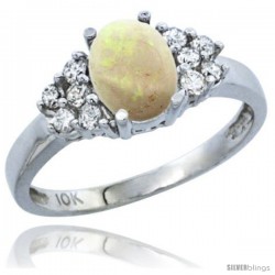 10K White Gold Natural Opal Ring Oval 8x6 Stone Diamond Accent