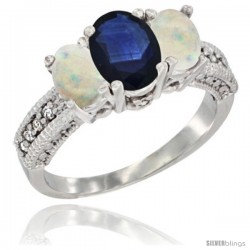 10K White Gold Ladies Oval Natural Blue Sapphire 3-Stone Ring with Opal Sides Diamond Accent