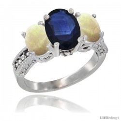 10K White Gold Ladies Natural Blue Sapphire Oval 3 Stone Ring with Opal Sides Diamond Accent