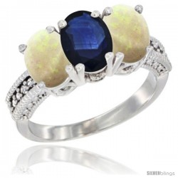 10K White Gold Natural Blue Sapphire & Opal Ring 3-Stone Oval 7x5 mm Diamond Accent