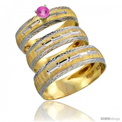 10k Gold 3-Piece Trio Pink Sapphire Wedding Ring Set Him & Her 0.10 ct Rhodium Accent Diamond-cut Pattern