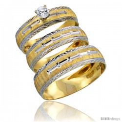 10k Gold 3-Piece Trio White Sapphire Wedding Ring Set Him & Her 0.10 ct Rhodium Accent Diamond-cut Pattern