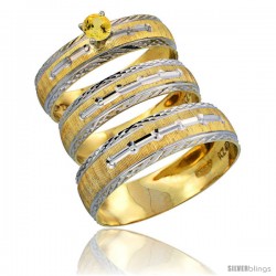 10k Gold 3-Piece Trio Yellow Sapphire Wedding Ring Set Him & Her 0.10 ct Rhodium Accent Diamond-cut Pattern