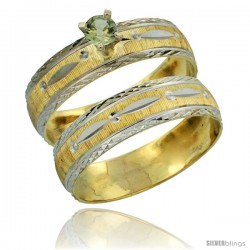 10k Gold Ladies' 2-Piece 0.25 Carat Green Sapphire Engagement Ring Set Diamond-cut Pattern Rhodium Accent, 3/16 -Style 10y502e2