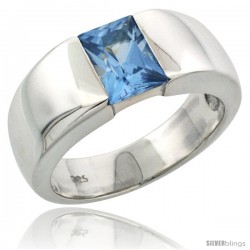 Sterling Silver 1.5 Carat Size Emerald Cut Blue Topaz Colored CZ Men's Solitaire Ring