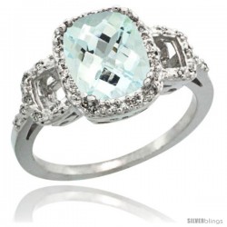 14k White Gold Diamond Aquamarine Ring 2 ct Checkerboard Cut Cushion Shape 9x7 mm, 1/2 in wide