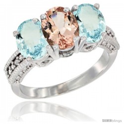 14K White Gold Natural Morganite & Aquamarine Sides Ring 3-Stone Oval 7x5 mm Diamond Accent