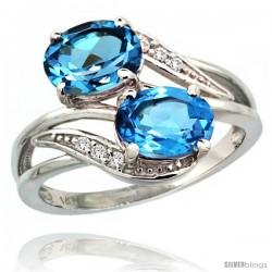 14k White Gold ( 8x6 mm ) Double Stone Engagement Swiss Blue Topaz Ring w/ 0.07 Carat Brilliant Cut Diamonds & 2.34 Carats Oval