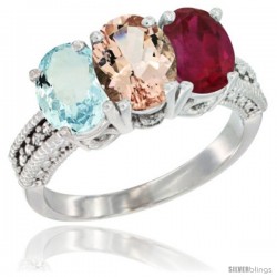 14K White Gold Natural Aquamarine, Morganite & Ruby Ring 3-Stone Oval 7x5 mm Diamond Accent