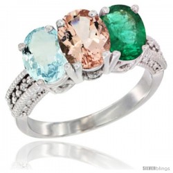 14K White Gold Natural Aquamarine, Morganite & Emerald Ring 3-Stone Oval 7x5 mm Diamond Accent