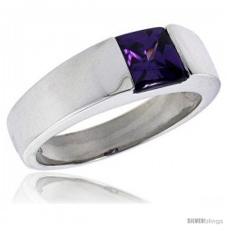 Sterling Silver 2.0 Carat Size Princess Cut Amethyst Colored CZ Men's Solitaire Ring