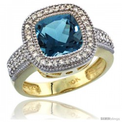 10K Yellow Gold Natural London Blue Topaz Ring Cushion-cut 9x9 Stone Diamond Accent