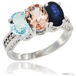 14K White Gold Natural Aquamarine, Morganite & Blue Sapphire Ring 3-Stone Oval 7x5 mm Diamond Accent