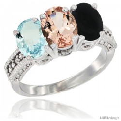 14K White Gold Natural Aquamarine, Morganite & Black Onyx Ring 3-Stone Oval 7x5 mm Diamond Accent