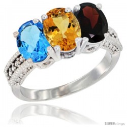 14K White Gold Natural Swiss Blue Topaz, Citrine & Garnet Ring 3-Stone 7x5 mm Oval Diamond Accent