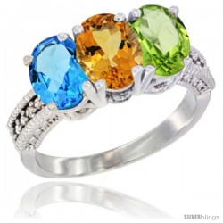 14K White Gold Natural Swiss Blue Topaz, Citrine & Peridot Ring 3-Stone 7x5 mm Oval Diamond Accent