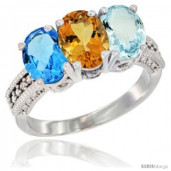 14K White Gold Natural Swiss Blue Topaz, Citrine & Aquamarine Ring 3-Stone 7x5 mm Oval Diamond Accent