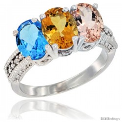 14K White Gold Natural Swiss Blue Topaz, Citrine & Morganite Ring 3-Stone 7x5 mm Oval Diamond Accent